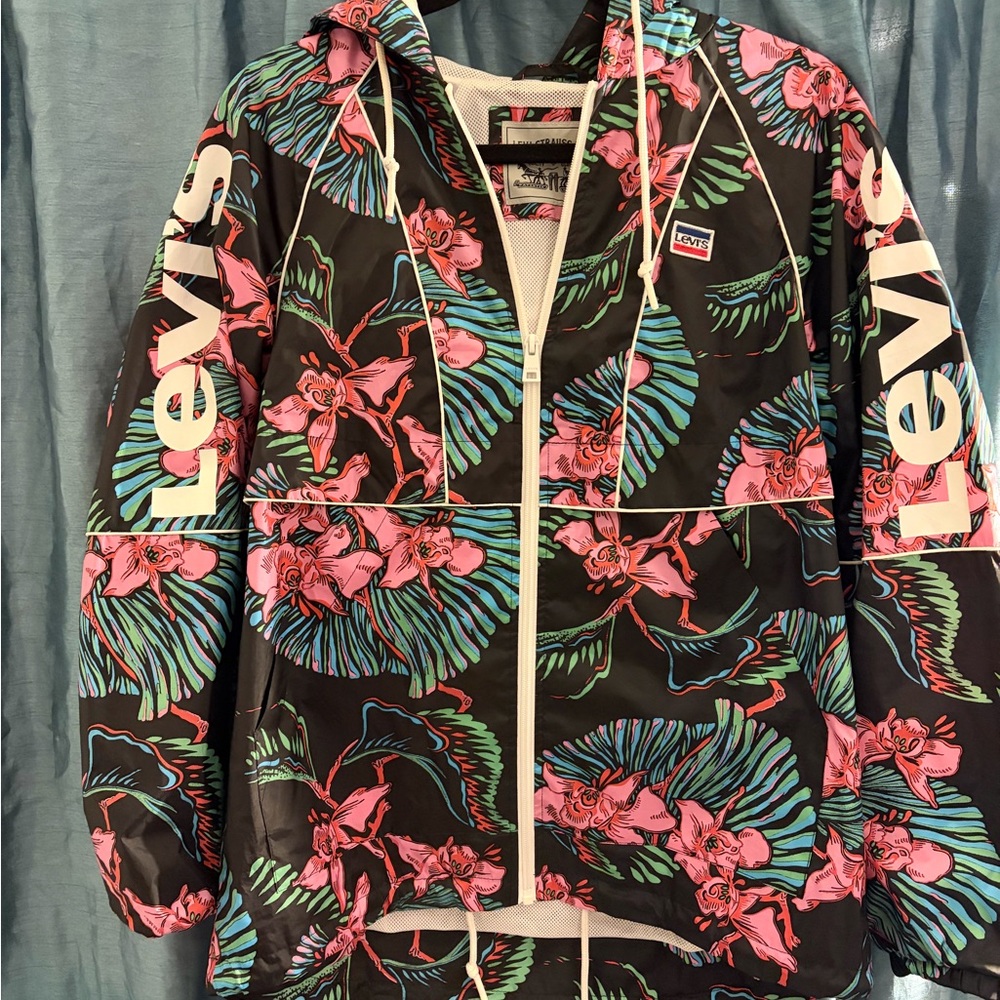 Levi's Black Jacket with Pink and Green Floral Design